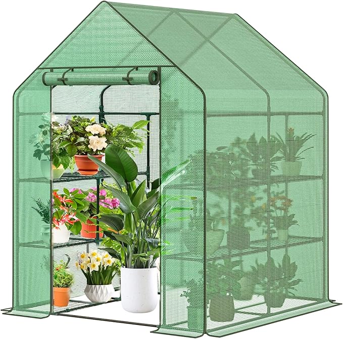 Greenhouse, 56 x 56 x 76'' Heavy Duty Greenhouses for Outdoors, Green House with Roll-Up Door Thicken PE Cover, Portable Walk-in Green Houses for Outside with 3 Tier 8 Shelves