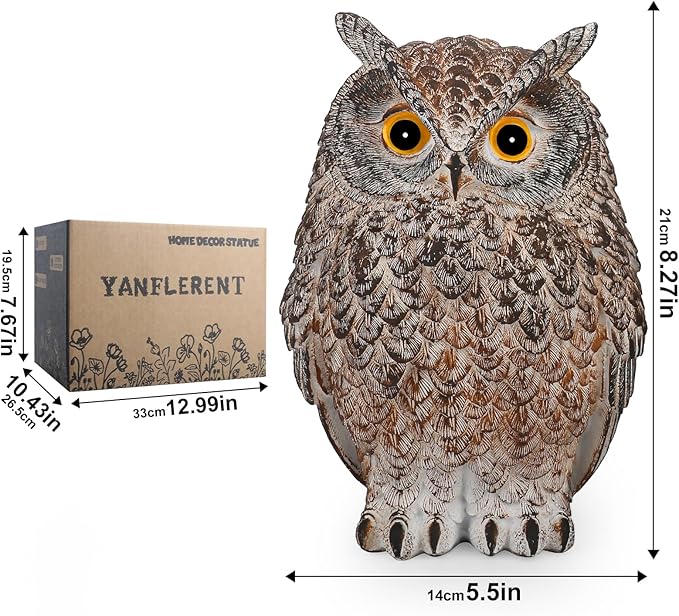 8.3" Realistic Owl Statue for Indoor & Outdoor Decoration, Effective Birds Deterrent for Garden, Patio, Yard, Fake Owl Suitable for Home Decor (Brown)