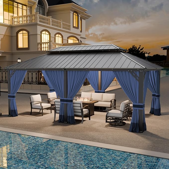 12x20ft Hardtop Gazebo Double Roof, Outdoor Pavilion with 2-Layer Hard top Galvanized Iron Frame Garden Tent, Suitable for courtyards, backyards, Decks, and Grass