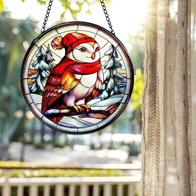 kdqua Christmas Winter Owl Suncatcher Stained Glass Window Hanging, Rustic Winter Owl Bird Sun Catchers Indoor Window Glass Round Wall Decor, Bird Wall Art Hanging Decorations Statues, 7.9x7.9in