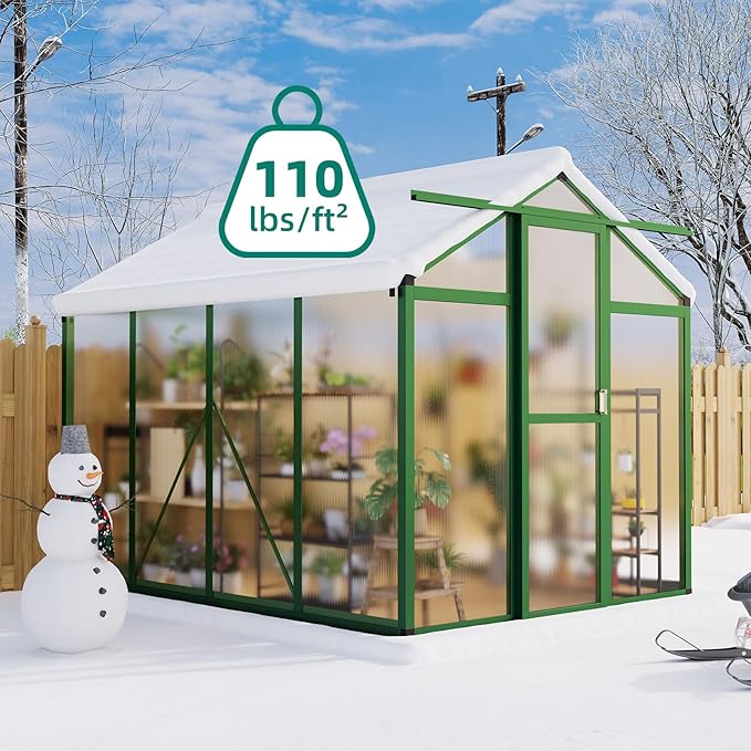 6x8 FT Greenhouse for Outdoors, Aluminum Greenhouse with Quick Setup Structure and Roof Vent, Polycarbonate Greenhouses Heavy Duty, Large Walk-in Green House for Winter Garden, Backyard, Patio, Lawn