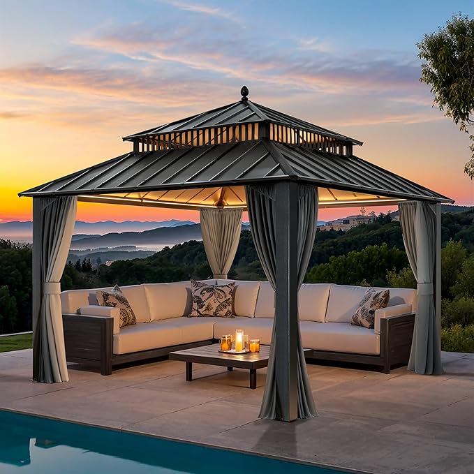 SUNJOY Kingston 12' x 12' Hardtop Gazebo with Galvanized Steel Double Roof, Curtain and Netting, Gray Aluminum Posts Permanent Pavilion Gazebo for Garden, Patio, Deck, Lawn