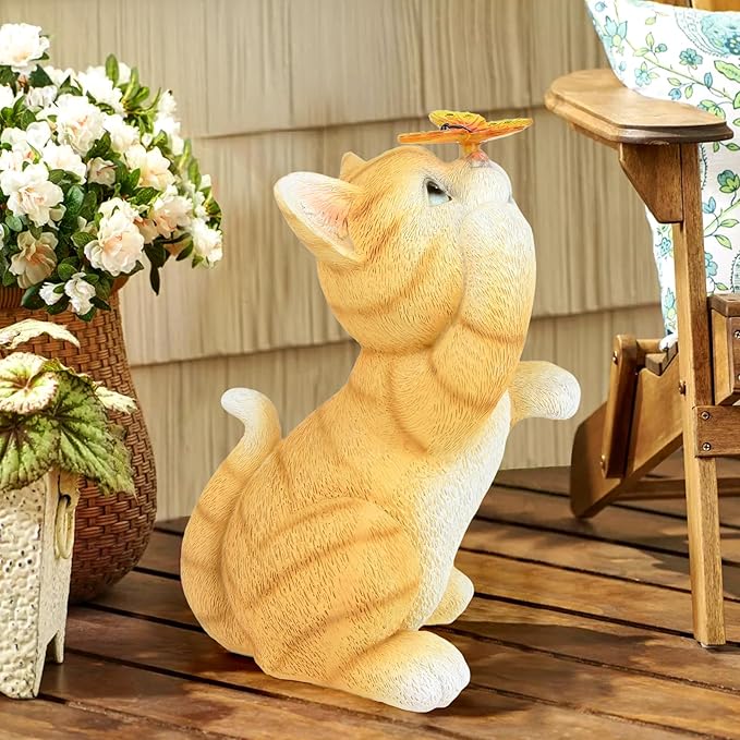 Solar Garden Statue Cat Figurine,Resin Cat Statue Playing Butterfly,Outdoor Decoration for Patio,Balcony,Yard, Lawn-Unique Housewarming Gift for Garden Mom Grandma