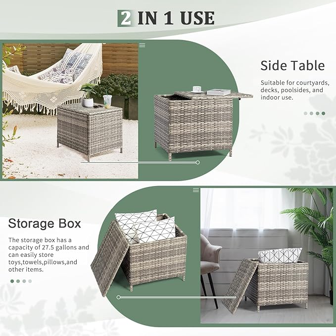 Outvita Outdoor Side Table, Rattan Coffee Table with Storage 27 Gallon Patio Small Deck Storage Box for Cushion Towel Books, Brown Side Table with lid