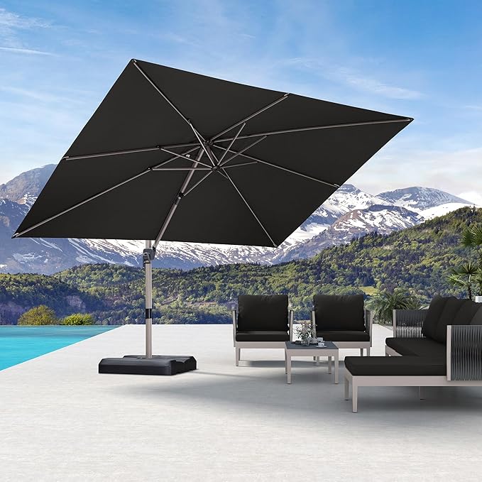 PURPLE LEAF 9' X 11.5' Patio Umbrella, Rectangle Outdoor Cantilever Umbrella, Aluminum Offset Umbrella with Champagne Frame and 360° Rotation for Pool Deck Garden, Grey