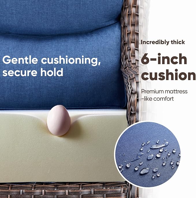 Swivel Patio Chairs sofa Set of 4 with 6" Thick Cushion - Wicker Outdoor Swivel Rocker Patio Chair ,Sofa/Glass coffee table, High Back Comfortable Outdoor Glider Chairs - Brown Wicker | Blue Cushions