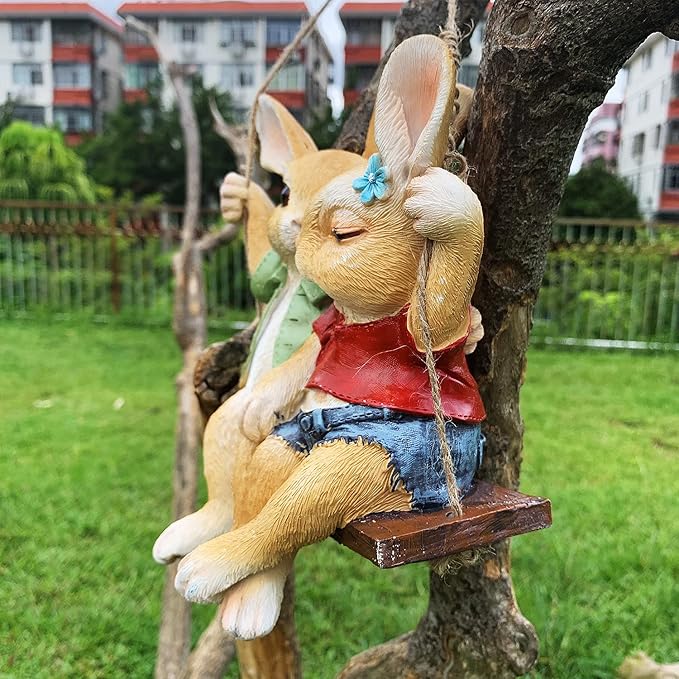 iRonrain Garden Statue Swing Bunny Couples, Indoor Outdoor Hanging Rabbits Lover Sculpture Funny Simulation Art Décor Figurine Ornament for Fence Pathway Backyard Landscape Tree Decorations