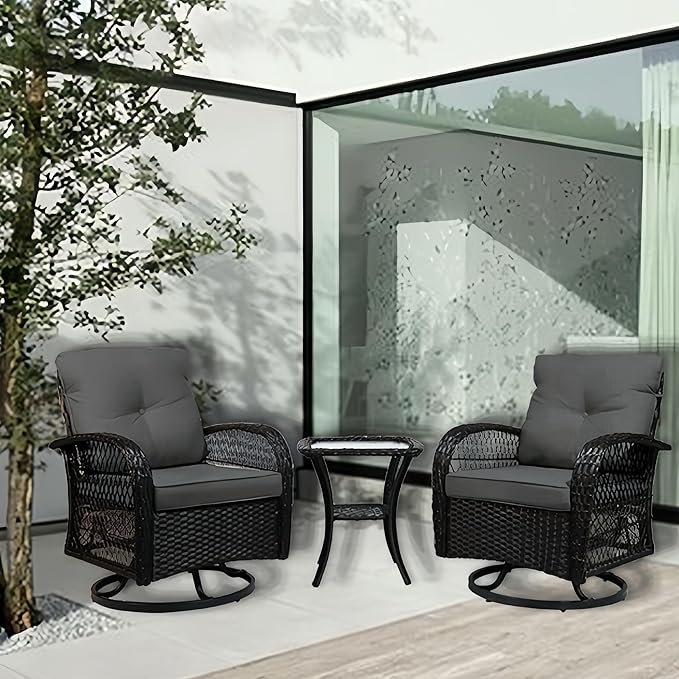 Patio Furniture Set Swivel Rocker, Outdoor Patio Chairs, 3 Piece Suit Porch Furniture Rocking Set, Backyard and Garden Rocker Rattan Chair, with Thickened Cushions and Glass Coffee Table(Grey)