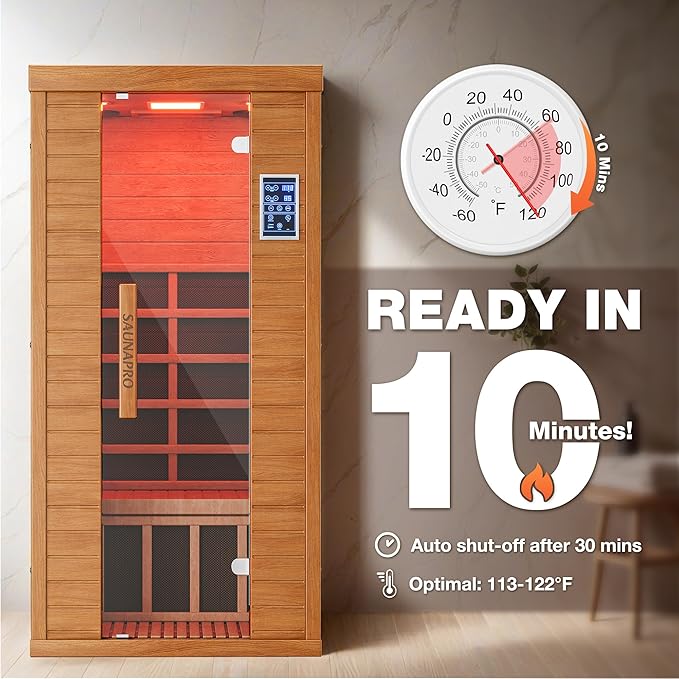 1- Person Infrared Sauna, Remotely Controllable Indoor Sauna, Low EMF 1200W/120V LCD Heater, WiFi & BT Control, 9-Color Light Therapy, Safe Flame-Retardant Material, Wood