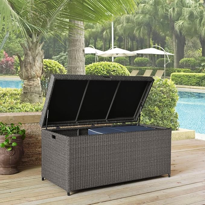 Crosley Furniture Palm Harbor Wicker Outdoor Storage Box for Patio Furniture Cushions and Pool Floats, Gray