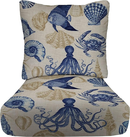 RSH DECOR Deep Seating Cushion with Pillow Back | 23” x 25” Seat | Water and Fade-Resistant Spun Fabric | Outdoor Chair Cushion Set for Patio Furniture | Blue Tan Crab