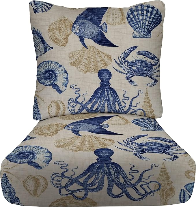 RSH DECOR Deep Seating Cushion with Pillow Back | 25” x 25.5” Seat | Water and Fade-Resistant Spun Fabric | Outdoor Chair Cushion Set for Patio Furniture | Blue Tan Crab