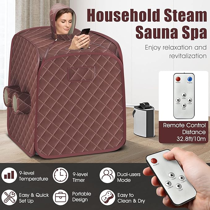 COSTWAY Portable Steam Sauna, Remote Control, 3L Steamer, Foldable Sauna Spa with 9 Temperature and 90 Mins Timer, Atomization, Personal Sauna Hat Tent for Detox Relaxation (Coffee)
