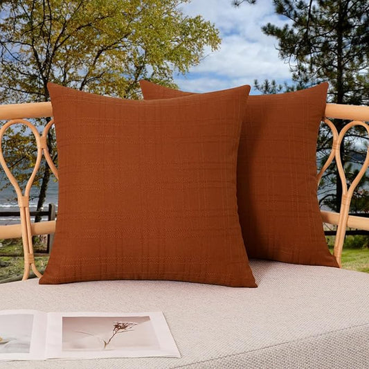 Kevin Textile Fall Pack of 2 Outdoor Waterproof Pillow Covers Checkered Decorative Cushions Sham Throw Pillowcases Shell for Patio Tent Garden Couch Bed Sofa 18x18 Inch Burnt Orange