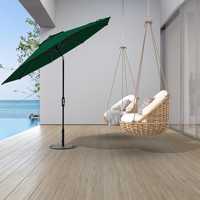 Midtown Umbrellas The Swilt 8 Feet Patio Umbrella in Sunbrella Forest Green Acrylic Fabric - Fiberglass Ribs, Auto-Tilt Aluminum Frame For Backyard, Deck, Garden, Pool - White Pole