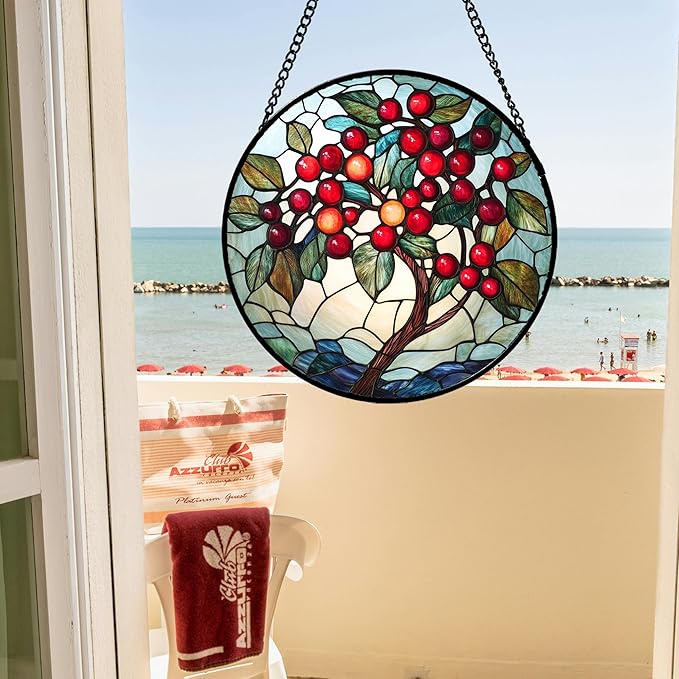 CRIS GIF Stained Glass Window Hanging - Red Fruit Tree Landscape Suncatcher for Doors Garden Patio Sun Catchers Decor Christmas Mother's Day Birthday Gifts for Women Men Mom Nana Friend 11.8 in