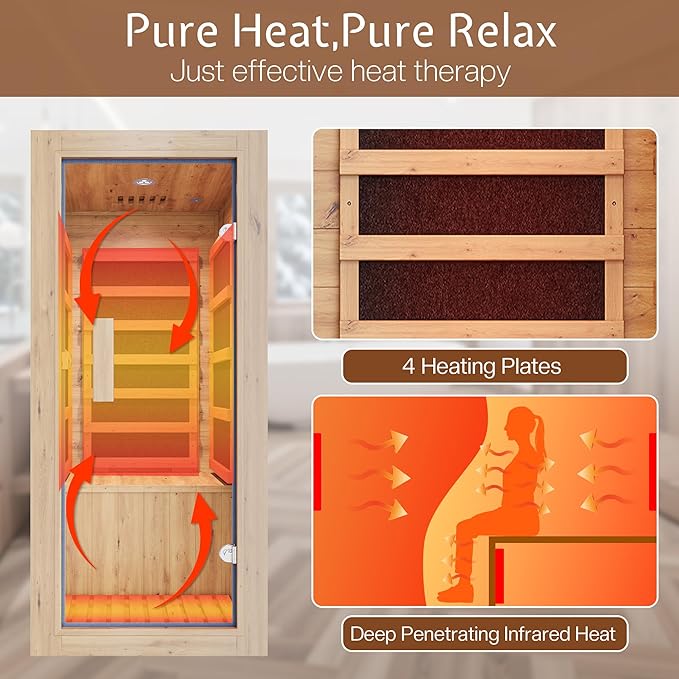 Jocisland 1 Person Infrared Sauna – 746W/110V Red Light, Pre-Warms to 149℉ in 15 Minutes, 106lbs Lightweight Spruce Wood Infrared saunas, Compact Dry Sauna for Home Spa & Apartments