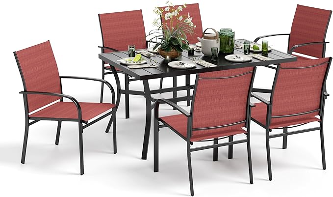 Patio Dining Set 7 Piece Outdoor Furniture Set with Metal Patio Dining Table with Umbrella Hole for Deck Garden Backyard Lawn, Red