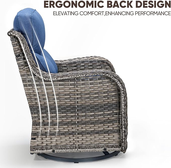 Swivel Patio Chairs sofa Set of 5 with 6" Thick Cushion - Wicker Outdoor Swivel Rocker Patio Chair ,Sofa/Glass coffee table, High Back Comfortable Outdoor Glider Chairs - Grey Wicker | Blue Cushions