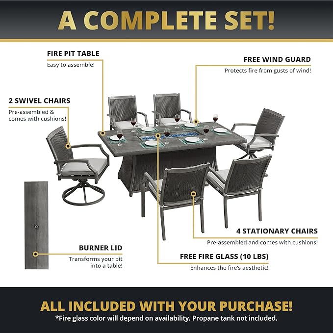 Outdoor Patio Furniture Set With Propane Fire Pit 50,000 Btu 7 Pieces 76" Dining Table Rattan Swivel Chairs Include Cushions Lid And Weather Cover Csa Certified for Garden Backyard Conversations Grey