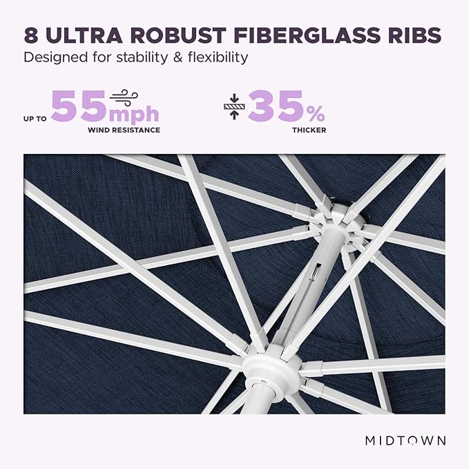 Midtown Umbrellas The Swilt 8 Feet Patio Umbrella in Sunbrella Spectrum Indigo Acrylic Fabric - Fiberglass Ribs, Auto-Tilt Aluminum Frame For Backyard, Deck, Garden, Pool - White Pole