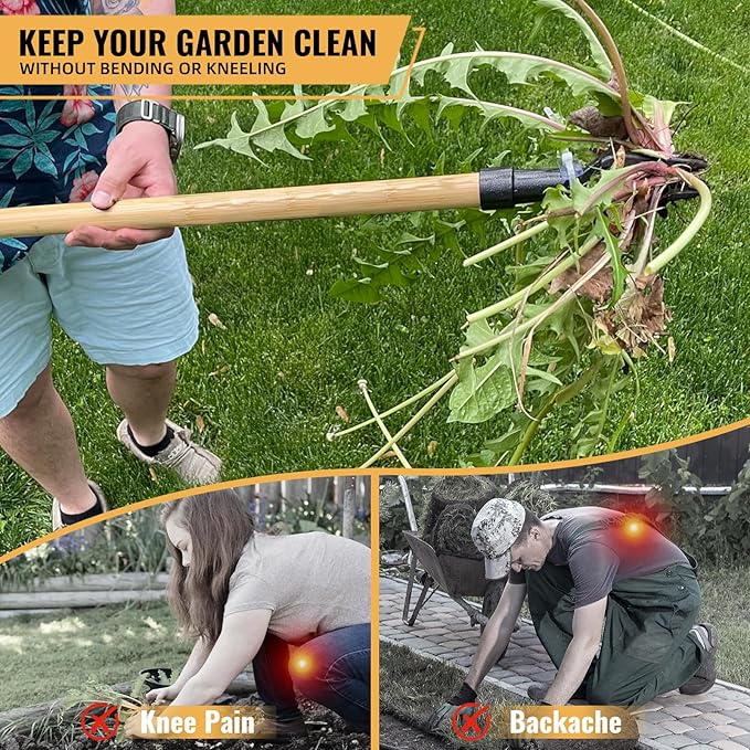 Weed Puller Tool, Stand Up Weed Remover Tool with Long Handle, 4-Claw Steel Head Manual Weeders, Gardening Hand Weeding Tools Without Bending, Pulling, or Kneeling