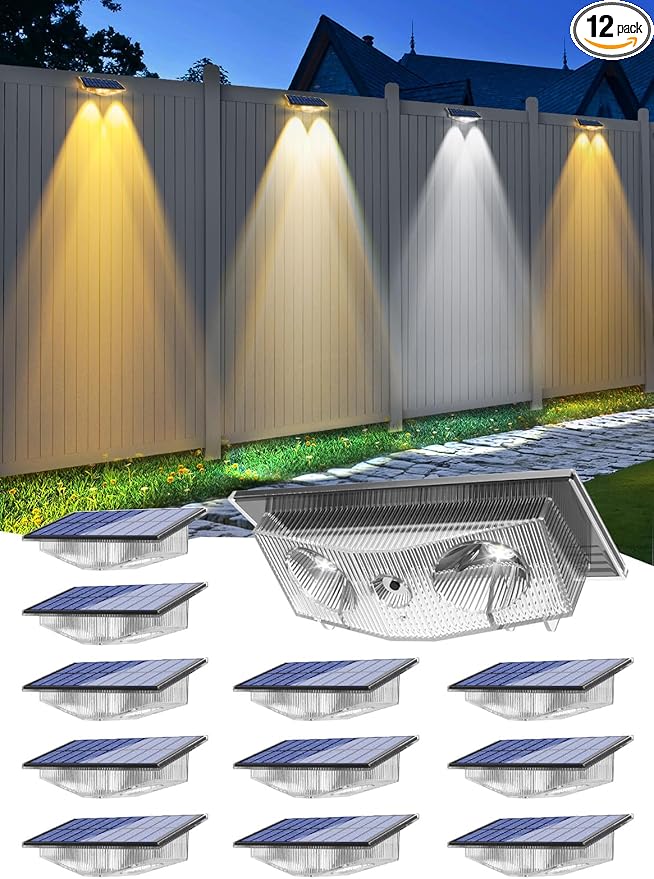 Solar Fence Lights Outdoor - 3000K/4000K/6000K 3 Color Modes, IP65 Waterproof Fence Lights Solar Powered Outdoor, Solar Powered Wall Light for Outside Porch Step Wall Stair Patio Yard (12 Pack)