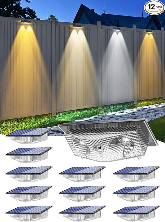Solar Fence Lights Outdoor - 3000K/4000K/6000K 3 Color Modes, IP65 Waterproof Fence Lights Solar Powered Outdoor, Solar Powered Wall Light for Outside Porch Step Wall Stair Patio Yard (12 Pack)