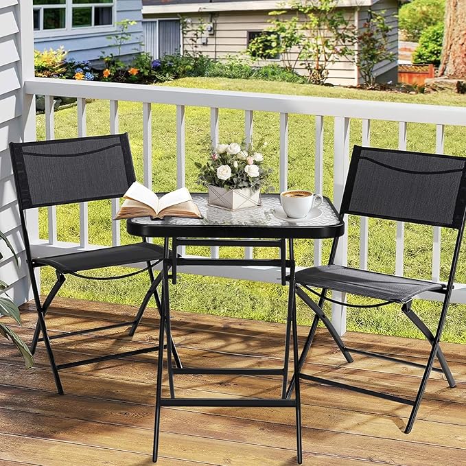 VINGLI Folding Glass Outdoor Side Table, 23.6 Inches Small Foldable Patio Bistro Table with Tempered Glass Table Top for Lawn & Garden, Balcony, Porch and Pool, Rectangular