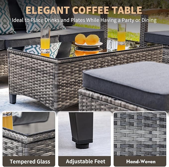 MEISSALIVVE 10 Pieces Outdoor Patio Furniture Sets,PE Wicker Patio Conversation Sets with 4 Wood Armrests Swivel Rocker Chairs，2-seat Sofa and Coffee Table(Grey)