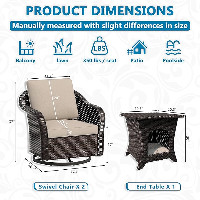 Vista Vibe Outdoor Wicker 360 Degree Swivel Glider Rocker Chairs set of 2 with Cat Nest Side Table, All-weather Rattan Patio Conversation Furniture Set with Washable Cushions for Balcony, Yard (Beige)