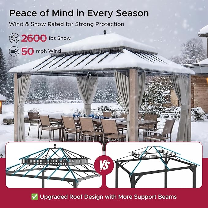 SUNJOY Kingston 14' x 12' Hardtop Gazebo with Galvanized Steel Double Roof, Curtain and Netting, Woodgrain Finish Aluminum Posts Permanent Pavilion Gazebo for Garden, Patio, Deck, Lawn