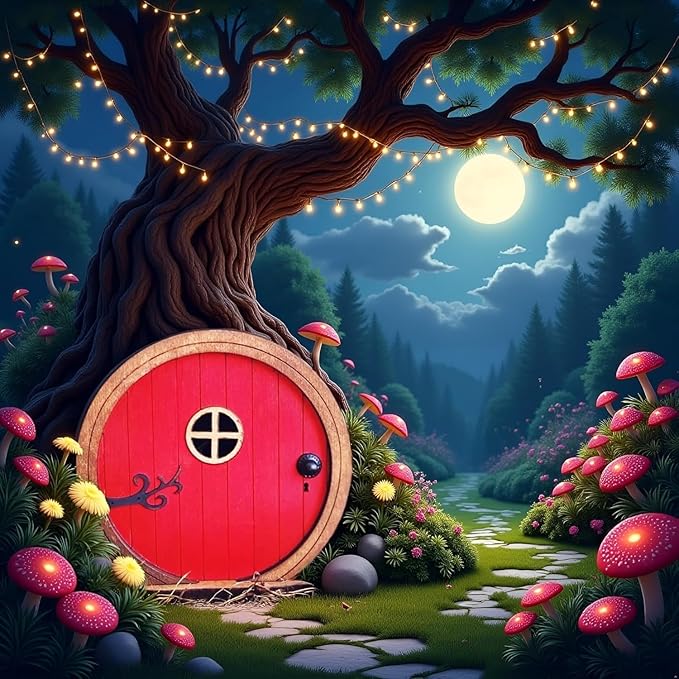 Red Fairy Garden Door for Trees, Outdoor Mini Garden Sculpture Ornament, Tree Trunk Fairytales Door Decoration