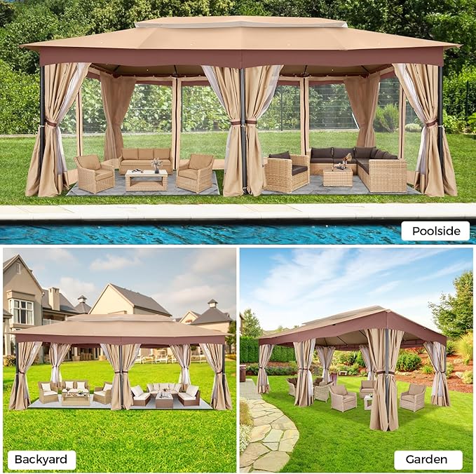 COBIZI Gazebo 12x20 Heavy Duty Gazebos with Curtain and Netting Outdoor Gazebo Canopy Double Roof Patio Gazebos with Metal Steel Frame for Patio, Deck, Backyard (Khaki)