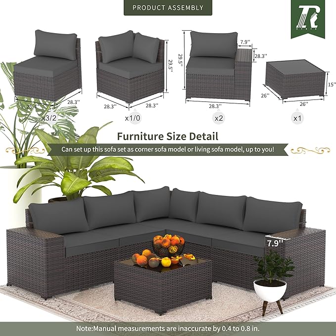 Outdoor Patio Furniture Set, 6 Pieces Outdoor Furniture All Weather Patio Sectional Sofa PE Wicker Modular Conversation Sets with Coffee Table,5 Chairs & Seat Clips (Grey)