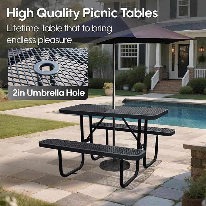 4FT Outdoor Picnic Tables,Heavy-Duty Metal Rectangular Picnic Table,Expanded Metal Commercial-Grade Table with 2 Benches & Umbrella Hole,Waterproof Coating Beach Table for Patio,Garden, Backyard