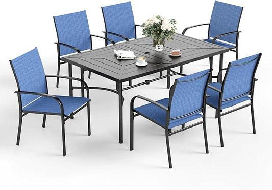 7 Pcs Patio Dining Set for 6, Rectangular Metal Dining Table with Umbrella Hole and 6 Chairs, Outdoor Table and Chairs Set for Lawn Garden Backyard and Deck, Blue