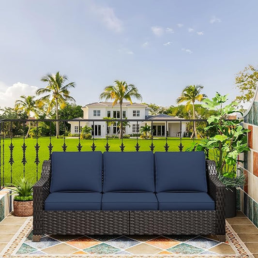 77'' Patio Sofa, All Weather Outdoor Rattan Wicker 3-Seat Sofa High Back Couch with Premium Cushions for Garden Backyard Porch(Brown/Navy)