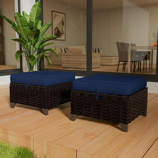Vista Vibe 2 Pieces Patio Wicker Ottomans, Luxurious Footstools, Outdoor Small Footrest, Wicker Furniture with Removable Cushions,All-Weather PE Rattan, Garden, Backyard, Porch(Brown/Navy)