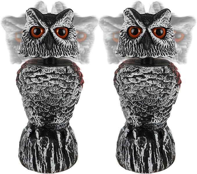 Hausse 2 Pack Fake Owl Decoy to Scare Birds Away, 11.2 inch Wagging Head Plastic Owl Scarecrow Bird Deterrents, Owls Statue Nature Enemy Horned Pest Repellent for Outdoor Garden Yard