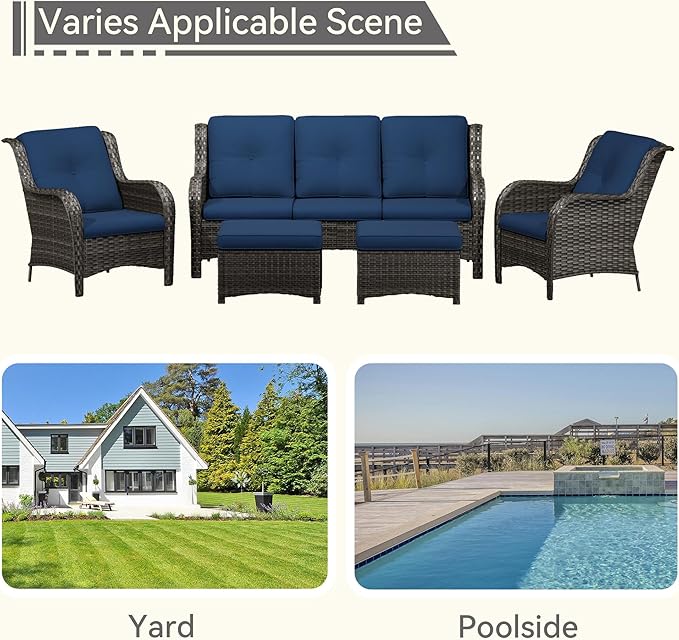 Patio Conversation Set 5-PCS Wicker Outdoor Furniture Conversation Set with 3-Seat Sofa, 2 Armchair, 2 Ottoman Patio Rattan Wicker Sectional Sofa Set with Olefin Cushion, Blue