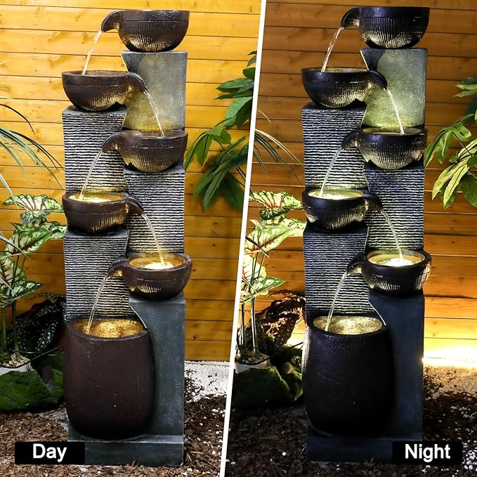 53.5” Tall 6-Tier Outdoor Water Fountain with LED Lights – Relaxing Cascading Resin Jar Waterfall for Garden, Patio, Backyard & Indoor Home Décor