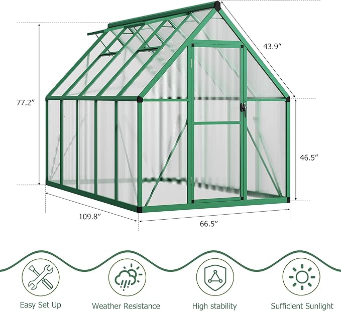 6x9 FT Outdoor Greenhouse, Polycarbonate Greenhouse with Roof Vent and Ground Nails, Aluminum Large Walk-in Green House w/ Lockable Push Door for Outside Garden Backyard (Green, 6x9 FT)
