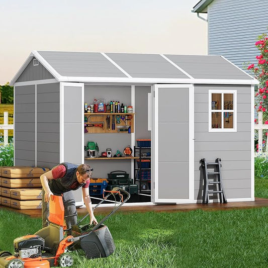 10x8 FT Resin Outdoor Storage Shed with Floor, Weather-Resistant Plastic Garden Shed with Windows, Lockable Door and Vents, Outside Tool Storage Sheds for Backyard, Garden, Lawn, Grey
