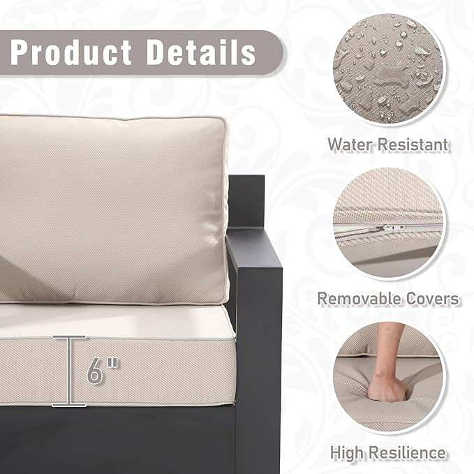 6 PCS Aluminum Patio Conversation Set - 3-Seater Sofa, 2 Swivel Chair, 2 Fixed Chair, 1 Metal Table with 6" Thick Water-insistant Cushions, All-Weather Use Removable Cover (Beige)