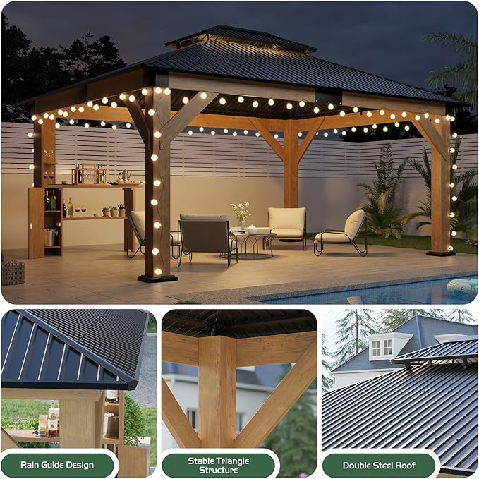 AMERLIFE 10x12 Wood Gazebo, Hardtop Gazebo with Spruce Frame and Aluminum Double Roof, Outdoor Pergola for Parties, Backyard, Patio, Lawns, Black + Natura Wood