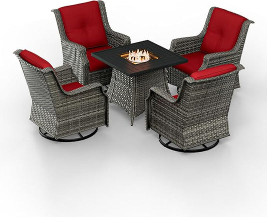5-Piece Patio Furniture Set Includes 4 Swivel Rocker Chair and 1 Fire Pit, Wicker Conversation Set with Cushion Red