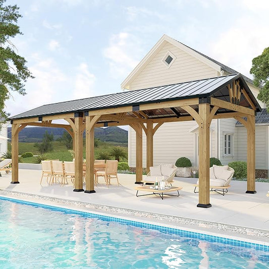 10x24 ft Cedar Wood Gazebo, Hardtop Gazebo with Galvanized Steel Peak Roof, Outdoor Pavilion for Snow Support, Wind Resistance, PowerPort, Shade for Garden, Patio, Deck