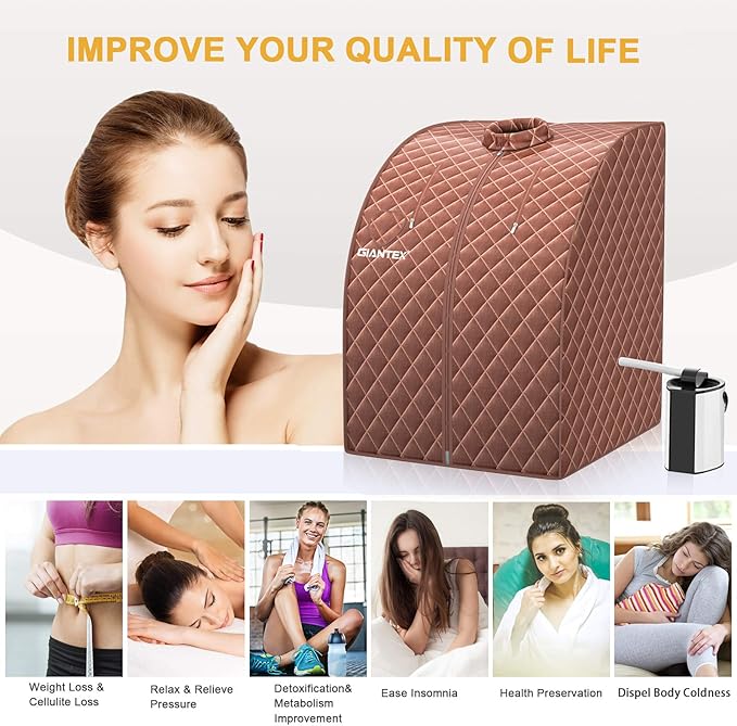 Giantex Portable Steam Sauna, Personal Therapeutic Sauna for Detox, Temperature & Timer Adjustable, 800W Sauna Box Spa w/Chair, 3L Steamer,Massage Roller,Mat,Remote Control, Home Sauna Tent (Coffee)