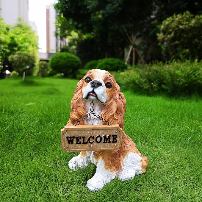 Sunny Cavalier King Charles Spaniel Solar Welcome Dog Statue, Hand-Painted Sitting Resin Puppy Figurine with Dual Signs and Lantern for Garden, Patio, and Front Porch Décor